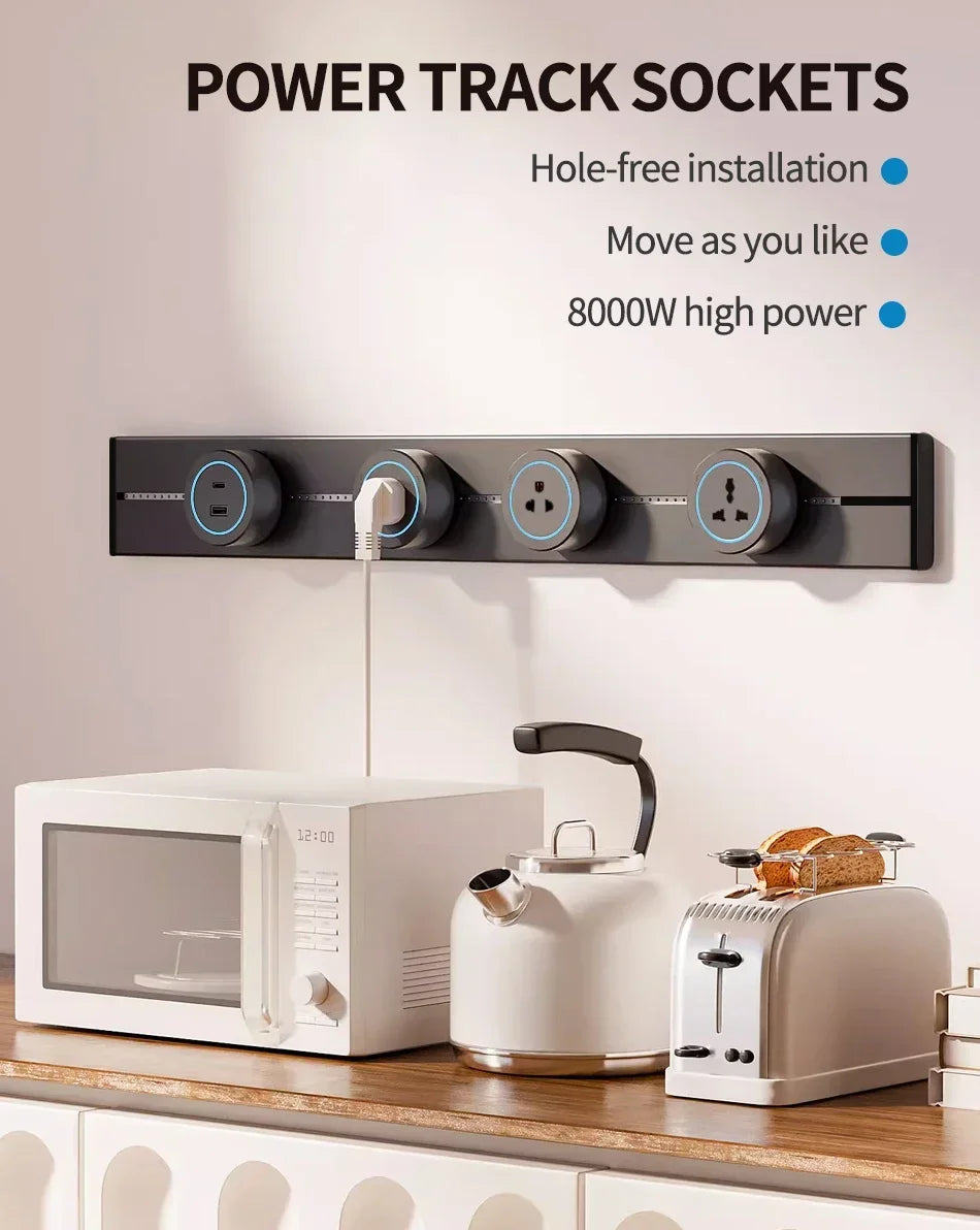 Removable Power Track Rail Socket UK/EU/UN/US/Universal US/USB Type-C Wall Mounted/Embedded Socket Kitchen Bathroom Socket