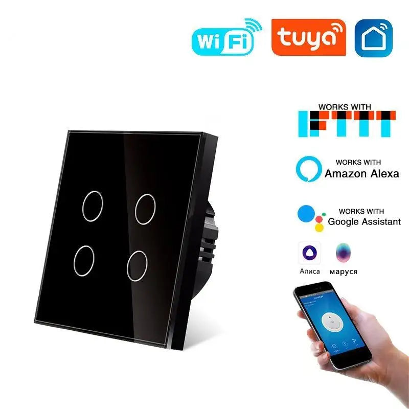 Tuya WiFi Smart Touch Switch 1/2/3/4 Gang 2-Way Control EU Glass Panel Light Switch Neutral Wire Alexa Google Voice Control Time
