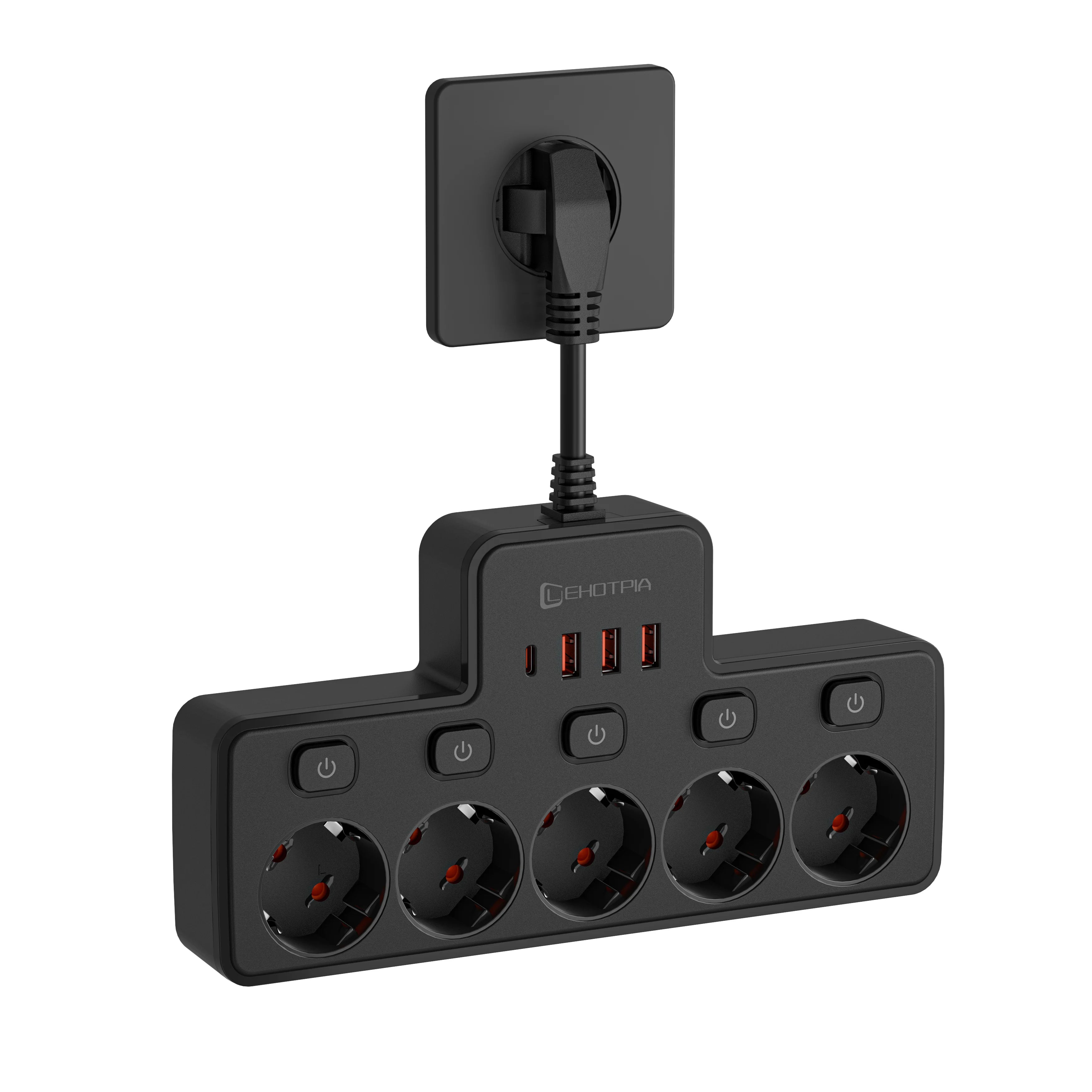 2500W EU AC Plug Power Strip Independent Switch Wall Mounted European Standard Plug Socket Network Filter With USB C Charging