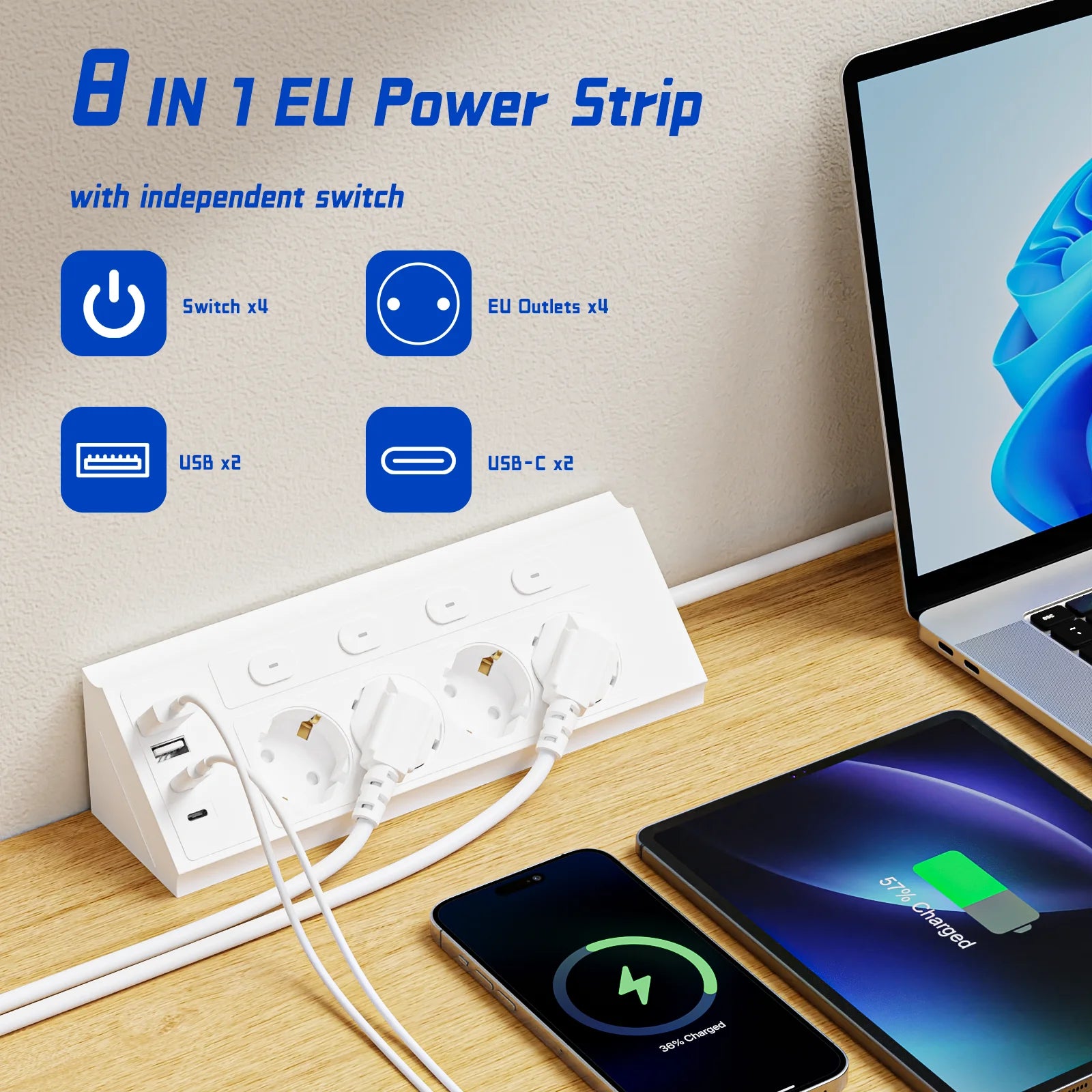 8-in-1 EU 4-switch power strip, 1.5-meter extension power strip, 4 AC sockets, 2 USB 2 Type-C ports, corner power strip, indepen