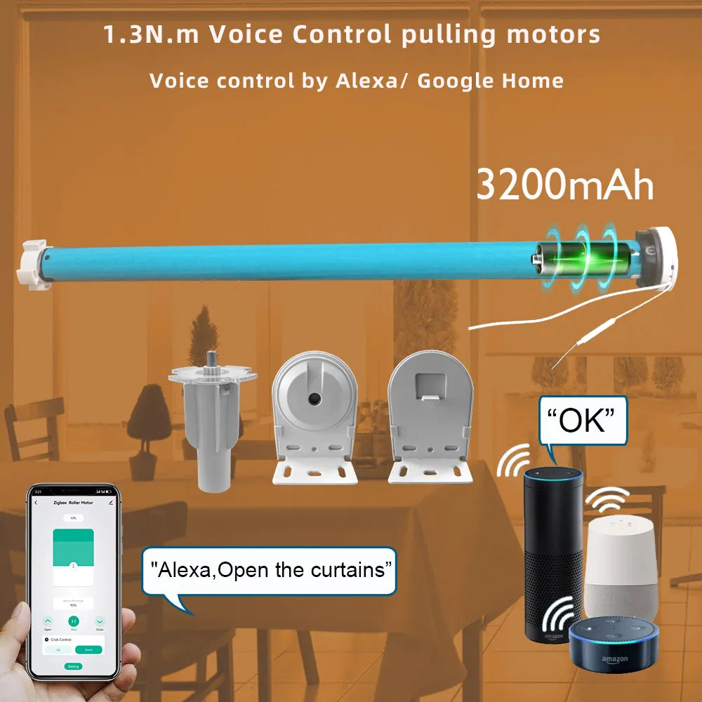 Tuya Zigbee Battery Smart Curtain Shutter Roller Blind Automatic Motor For 37mm 38mm Tube Alexa Alice Google Home Voice Control