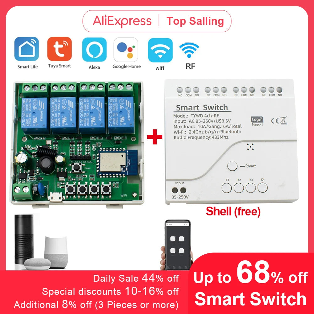 Tuya Smart Wifi Switch Module 12V 32V 220V RF 433 Radio Remote Control 1/2/4 Channels Relay for Alexa Google Home Smart Life