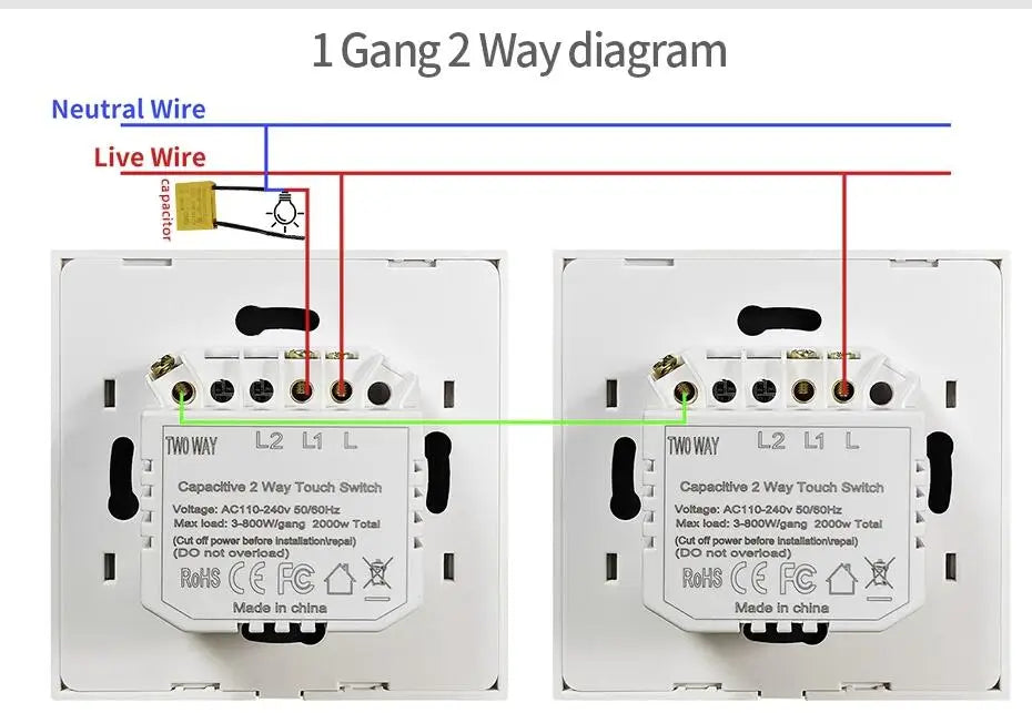 1/2gang 2way Dual Switch Wall Touch Switch EU Standard Light Switches For Staircase Bedside Switches Bedroom 240V No Wifi