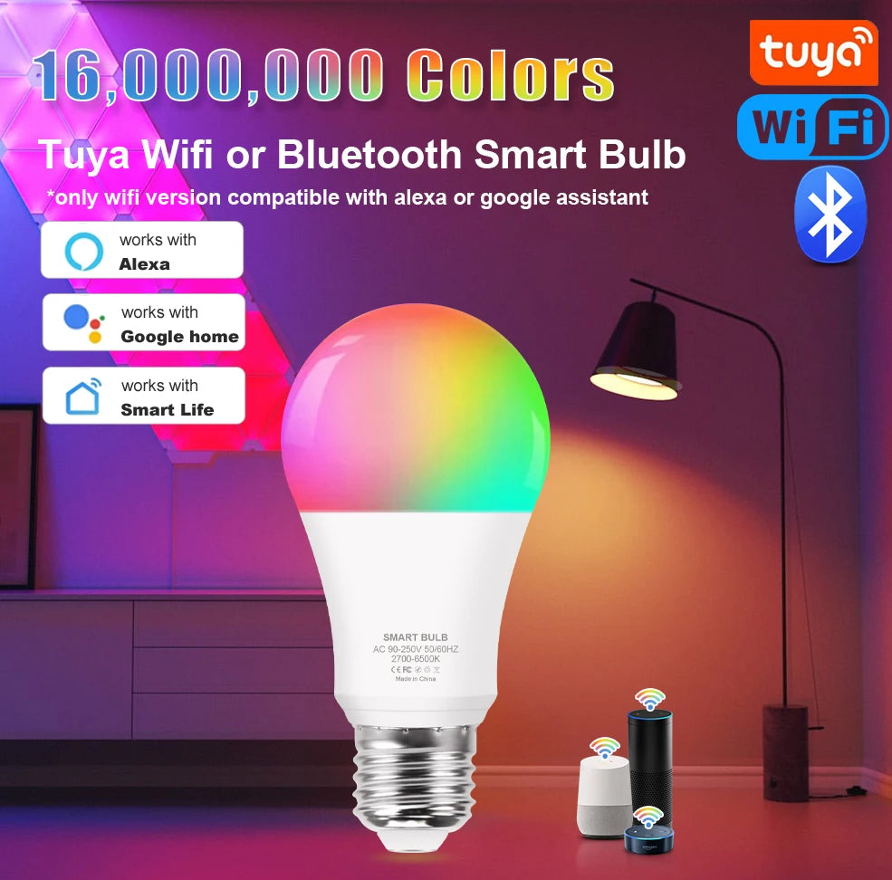 Tuya Wifi/Bluetooth Smart Bulb Alexa Led Lamp E27 RGB Smart Light Bulbs 110V 220V Smart Lamps For Google Assisatnt Smart Life