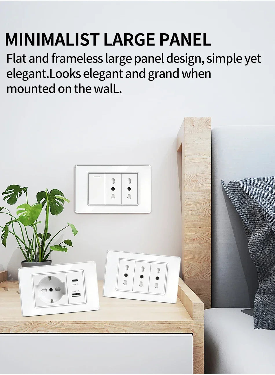 118 Series Black Tempered Glass Wall Switch Socket Italy Standard 16A Outlet with USB Type-C 20W Fast Charging for Home Office