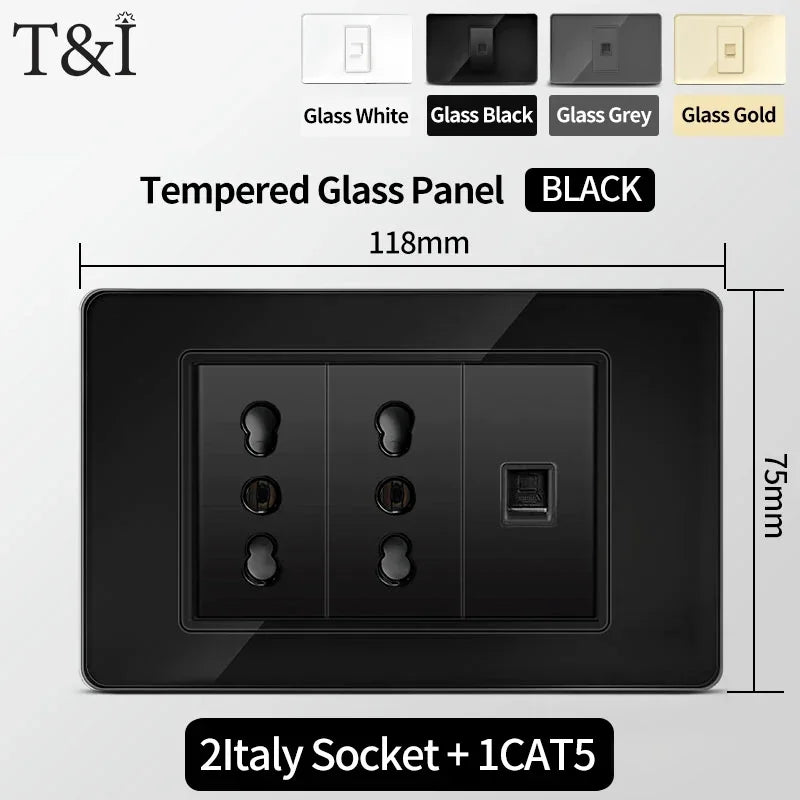118 Series Black Tempered Glass Wall Switch Socket Italy Standard 16A Outlet with USB Type-C 20W Fast Charging for Home Office