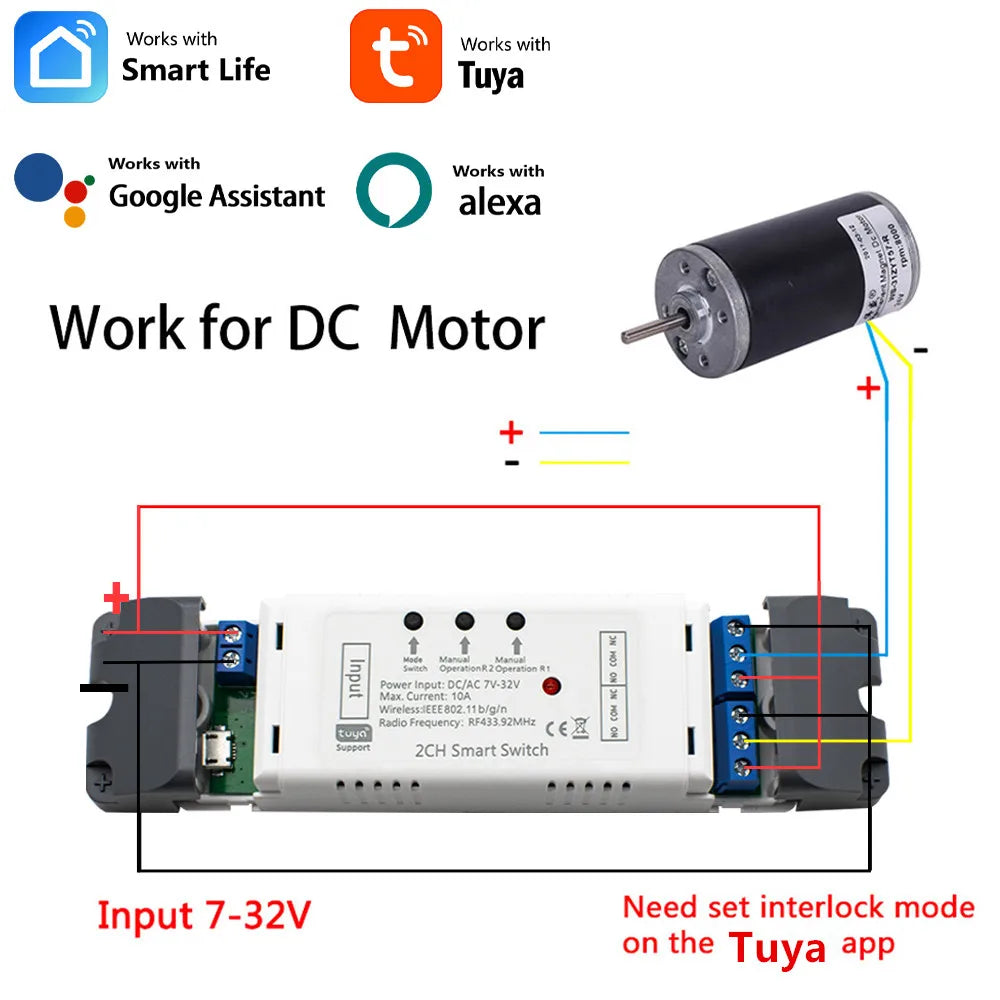 Tuya Wifi Smart Switch Electric Linear Actuator Motor Controller,DC AC 12V 24V 32V,110V 220V RF433 Remote,2CH Pulse Module Relay