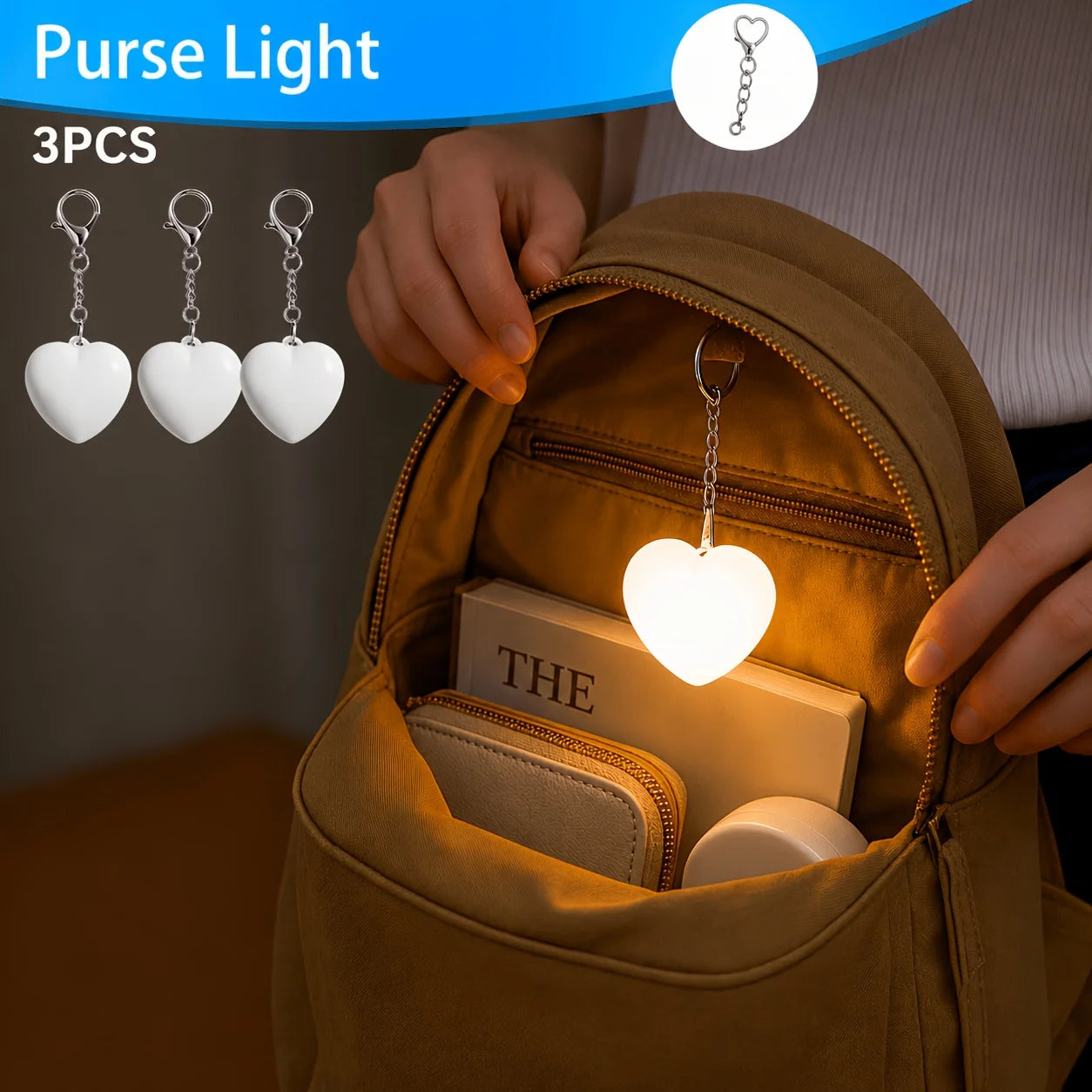 3pcs Purse Light, LED Night Light with Auto Sensor & Touch Control, USB Rechargeable, Portable Mini Light for Handbag Backpack W