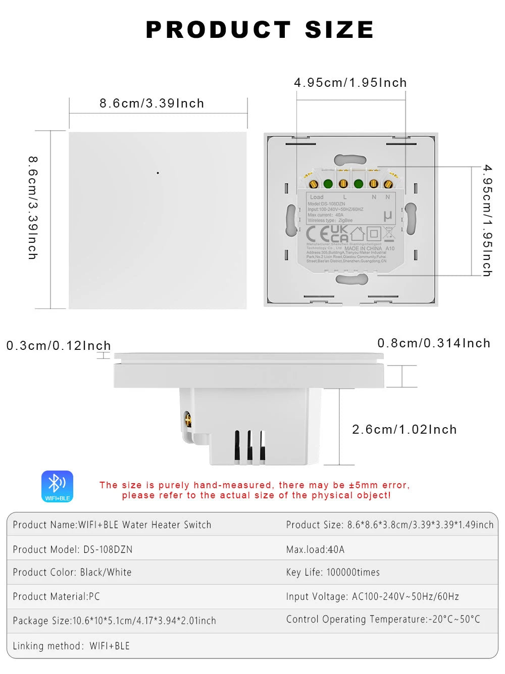 Zigbee Water Heater Large Button Switch Remote and Timer Control Tuya Smart Life App Compatible with Alexa and Google Home