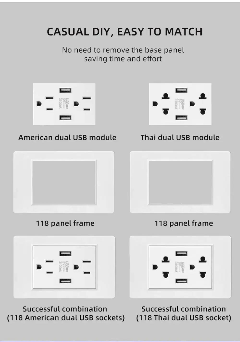 Herepow 118 Series Thailand American Standard Dual USB Wall Socket Smart Home Appliance Plug Adapter Type-c 3.1A Fast Charging