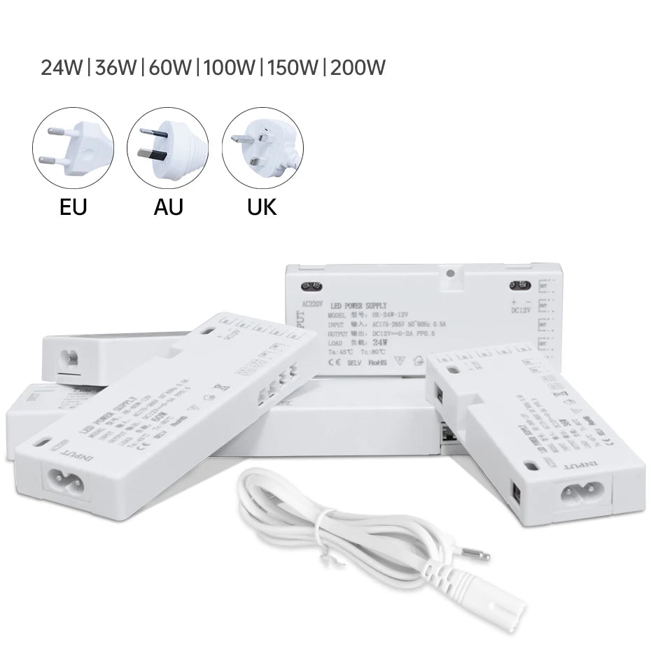 200W 150W 100W 60W 36W 24W LED Cabinet Light Strip Transformer AC220V to DC12V/24V for Home Wardrobe/Shelf with DuPont Port