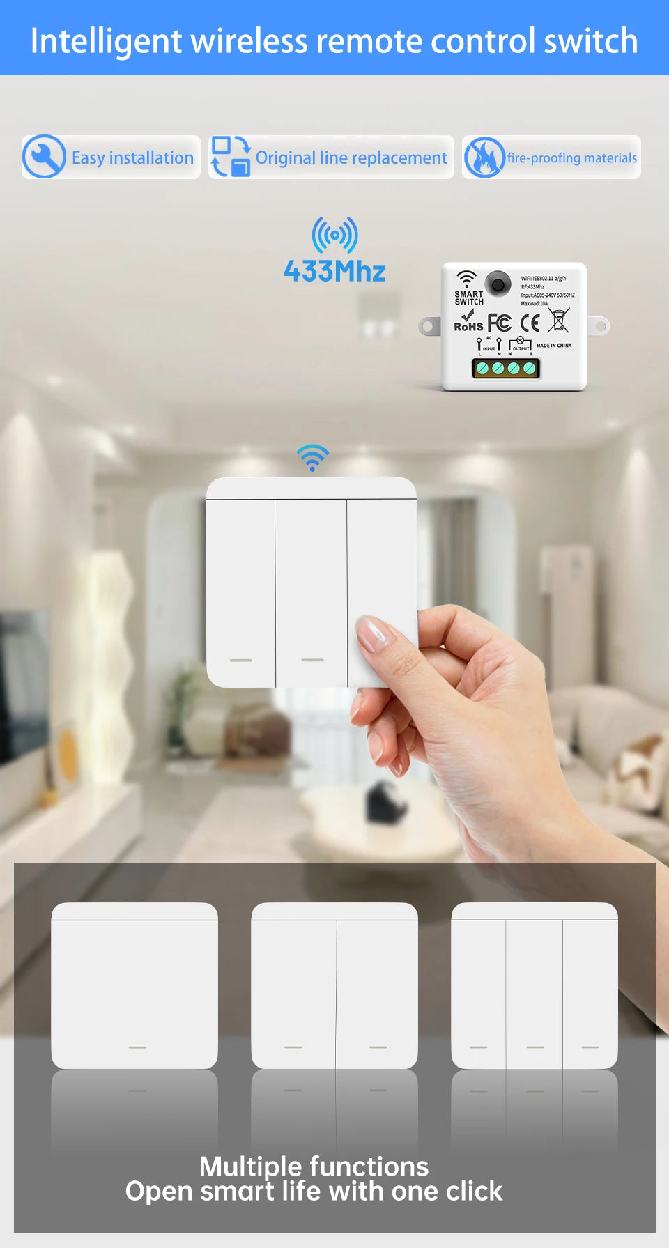 SIXWGH Wireless Light Switch Set 1/2/3Gang 433Mhz Push Button Home Remote Controller 10A 110V 220V For Led Light Lamp