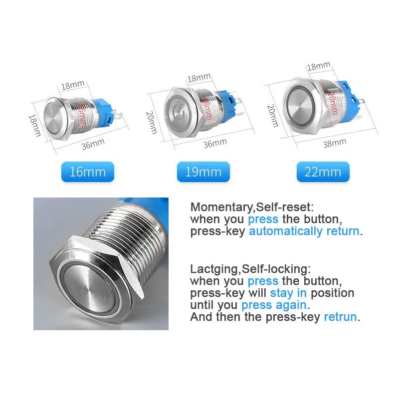 12mm 16mm 19mm 22mm metal push button on off switch power LED light Waterproof Flat circular button 3v 6v 12v 24v 110v 220v ip65