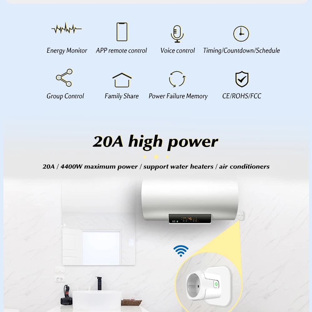 Smart Socket EU 16A/20A AC100-240V Wifi Smart Plug Power Outlet, Alexa Google Home Voice Control, For Tuya Smart Life APP