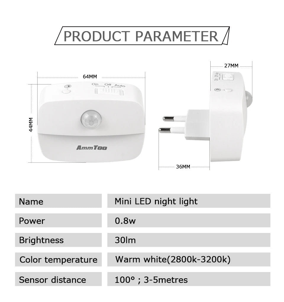 US European Plug LED Night Light PIR Motion Sensor Light Smart Lamp 110V 220V AAA Battery For Bedroom Bathroom Corridor Closet